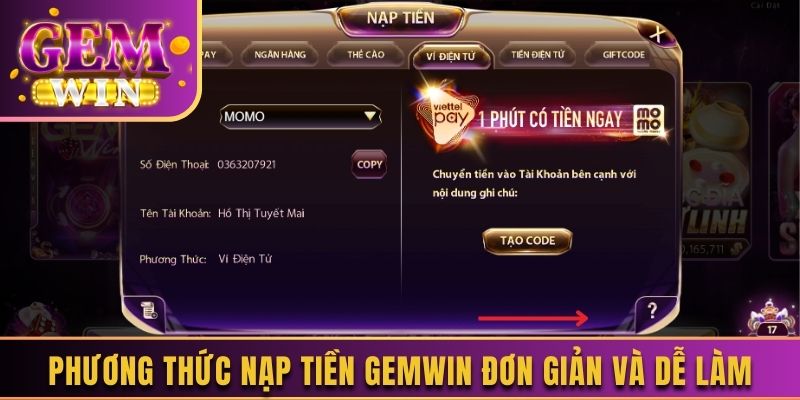 Phương thức nạp tiền Gemwin đơn giản và dễ làm
